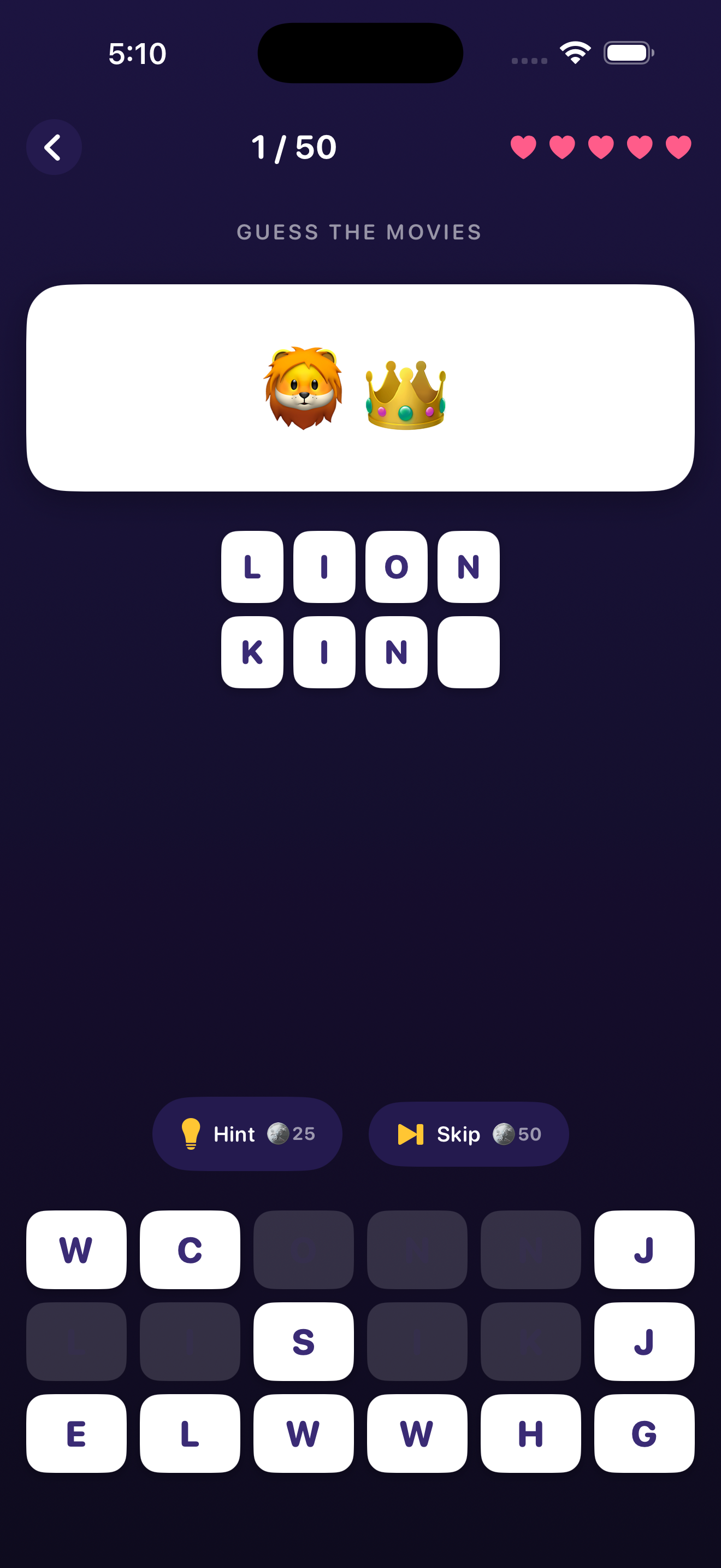 GuessMoji gameplay screen showing an emoji clue puzzle